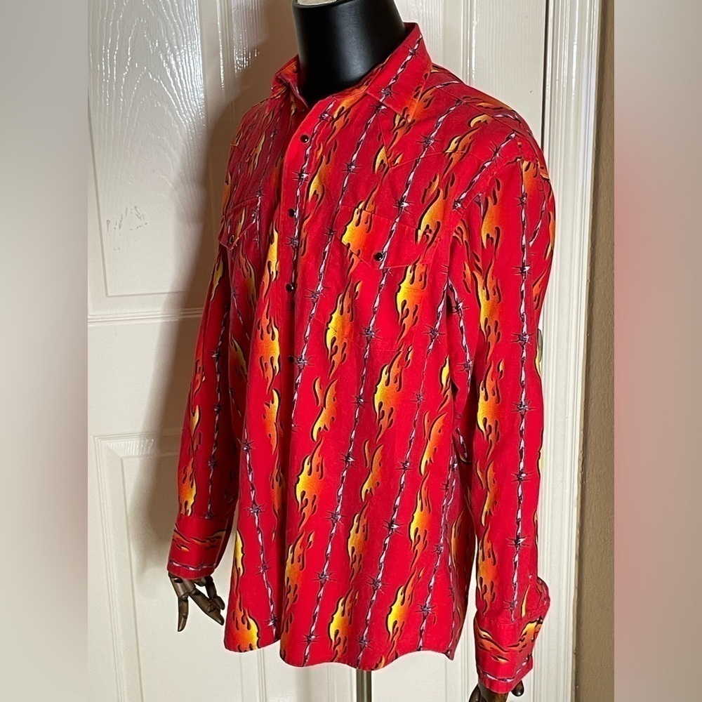VTG PANHANDLE SLIM Brooks & Dunn Flames Barbed Wire guy fieri Western Shirt L - Picture 2 of 9